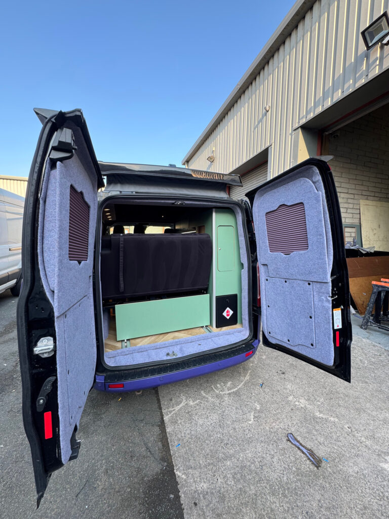 Van rear interior with blinds